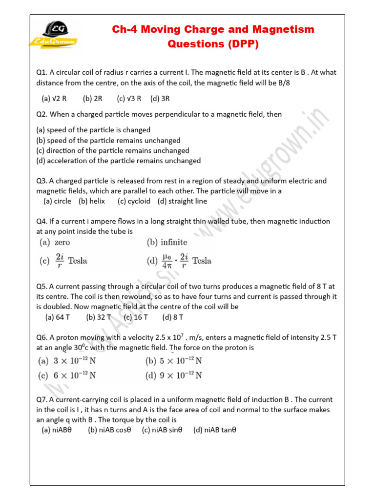 Ch-4 Moving Charge and Magnetism Question | PDF | Electromagnetism ...