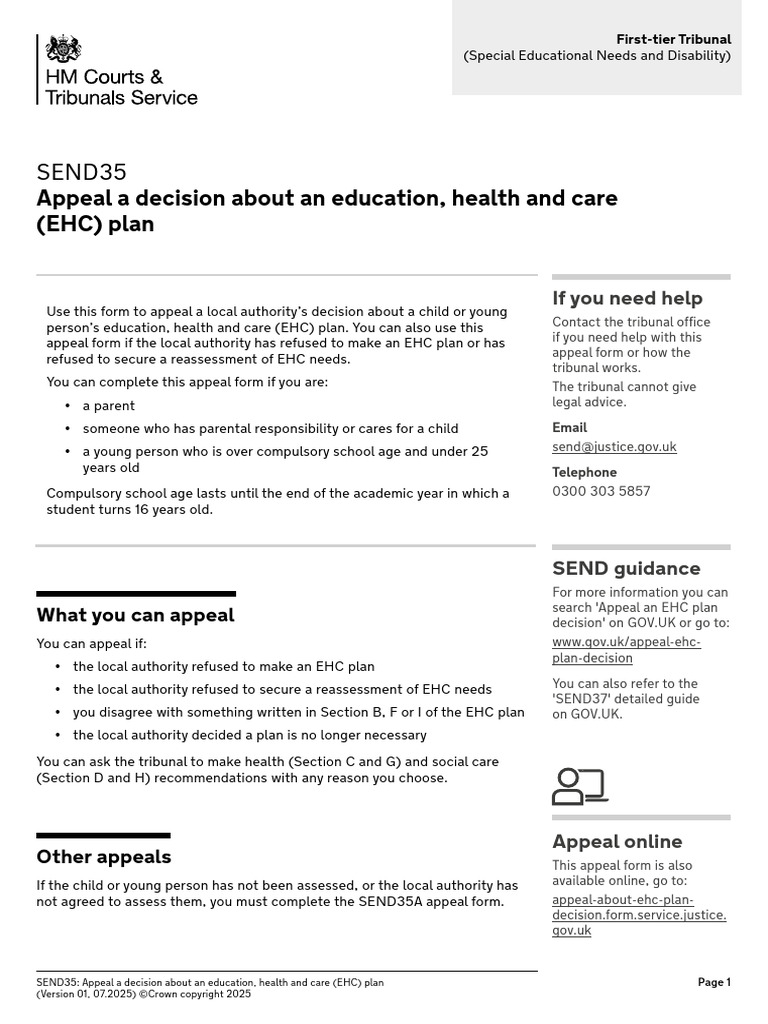 SEND35 - AW Form Appeal A Decision About Your Child's EHCP. Education ...