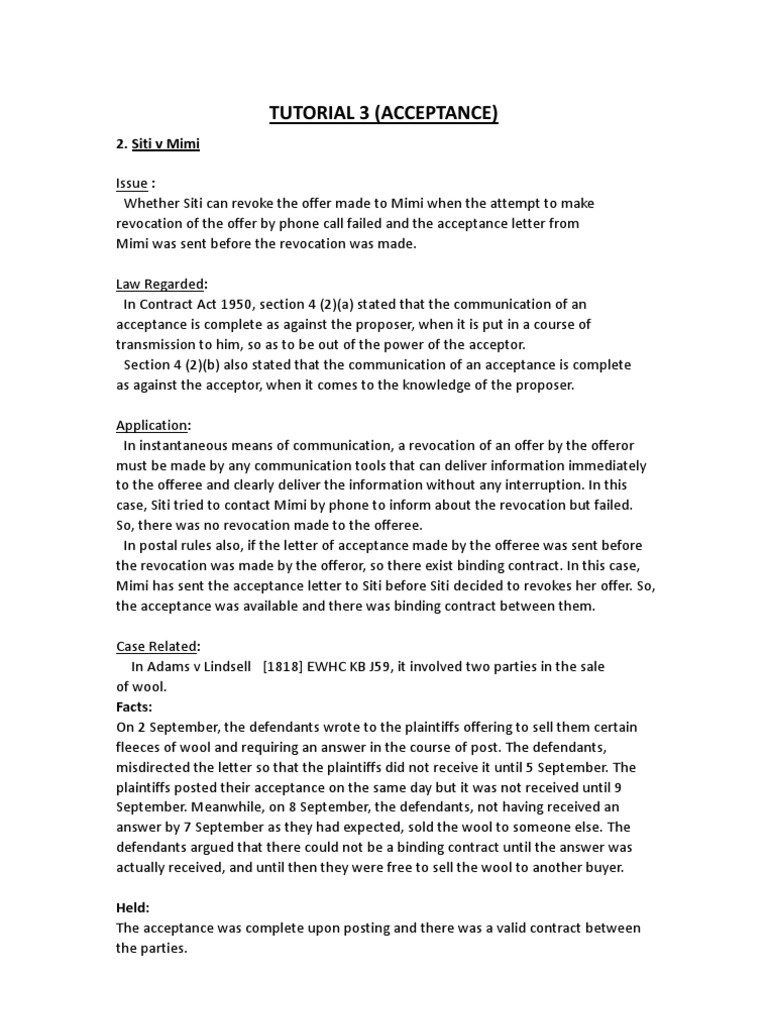 Postal Rule in Contract Acceptance | PDF | Offer And Acceptance | Legal ...