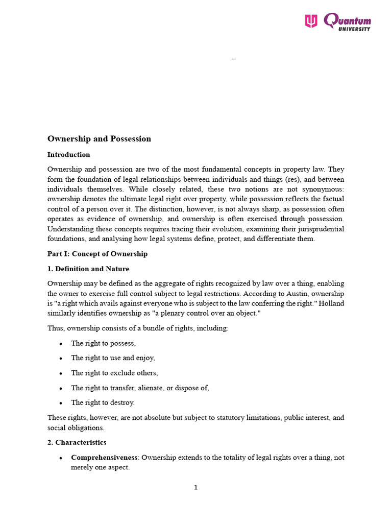 Jurisprudence Lecture Notes Unit-III | PDF | Possession (Law) | Property