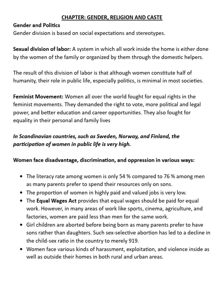 Revision Notes of Chapter Gender, Caste and Religion | PDF | Woman | Caste