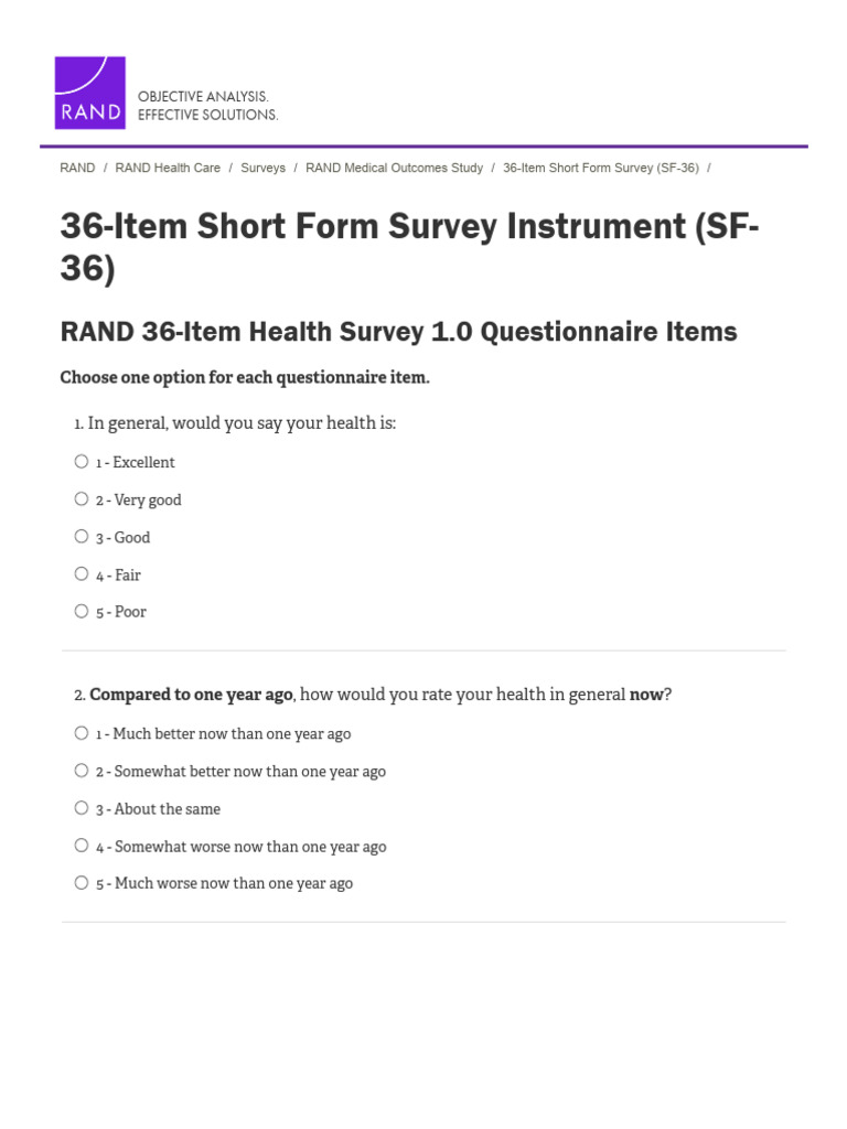 36-Item Short Form Survey Instrument (SF-36) - RAND | PDF | Rand ...