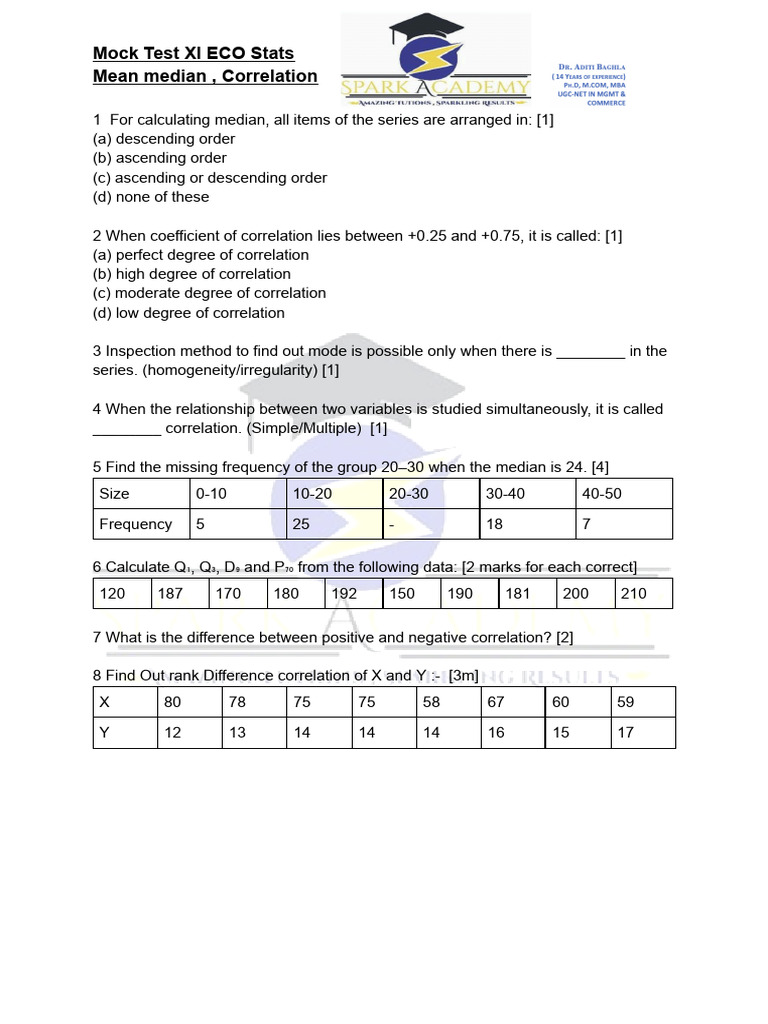 Mock Test XI ECO Stats Mean Median, Correlation | PDF | Spearman's Rank ...