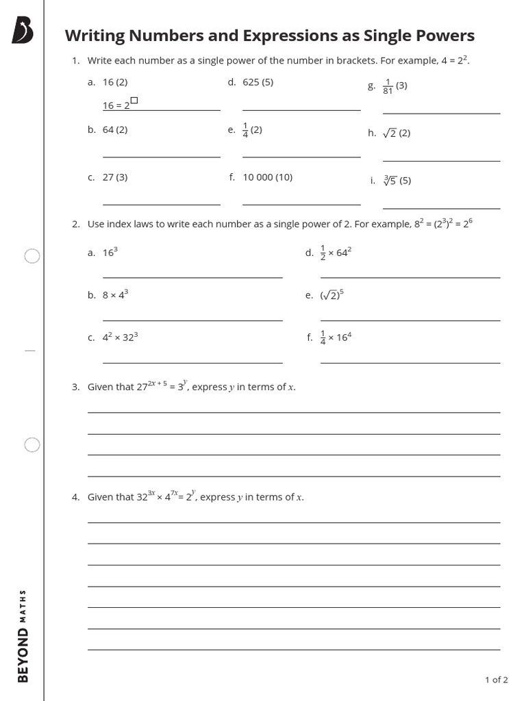 Writing Numbers and Expressions As Single Powers | PDF