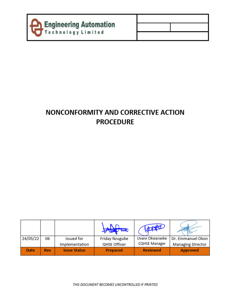 005 - June 2019 Nonconformity and Corrective Action Procedure | PDF ...