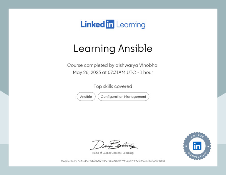 CertificateOfCompletion Learning Ansible | PDF