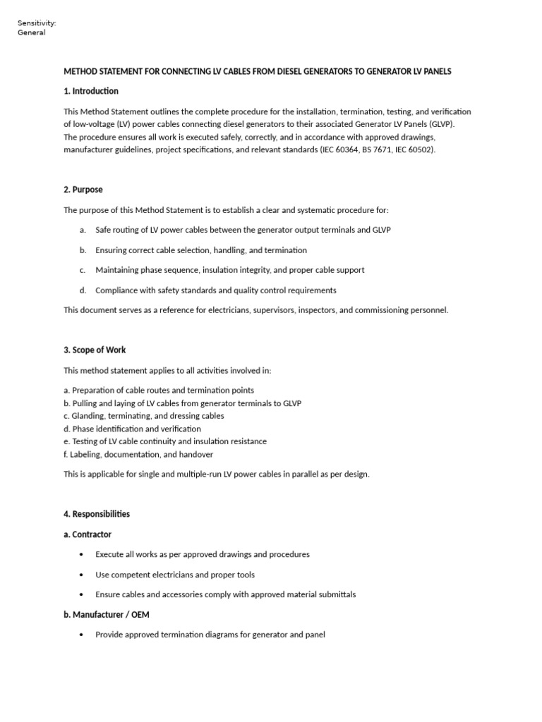 5-Method Statement For Connecting LV Cables From Diesel Generators To ...
