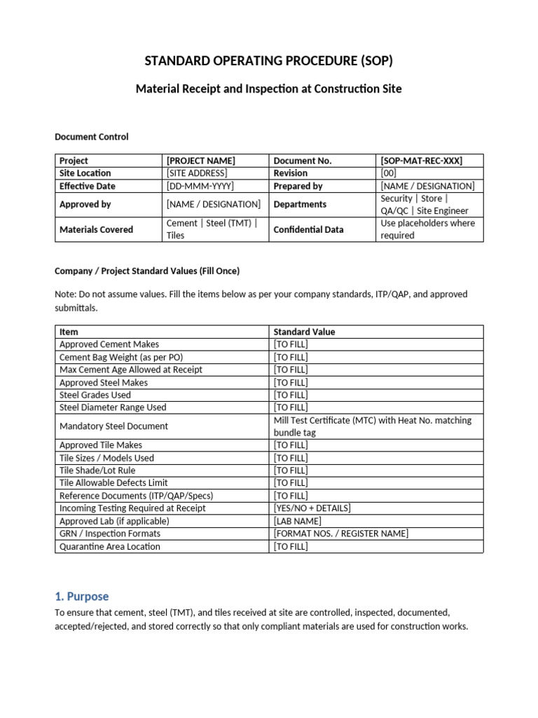 Material Receipt Inspection SOP SiteReady COAST Prompt | PDF | Quality ...
