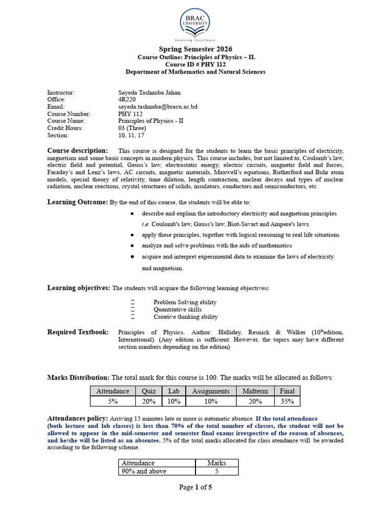 Course Outline-PHY 112 - Spring 2026 | PDF | Magnetism | Electricity