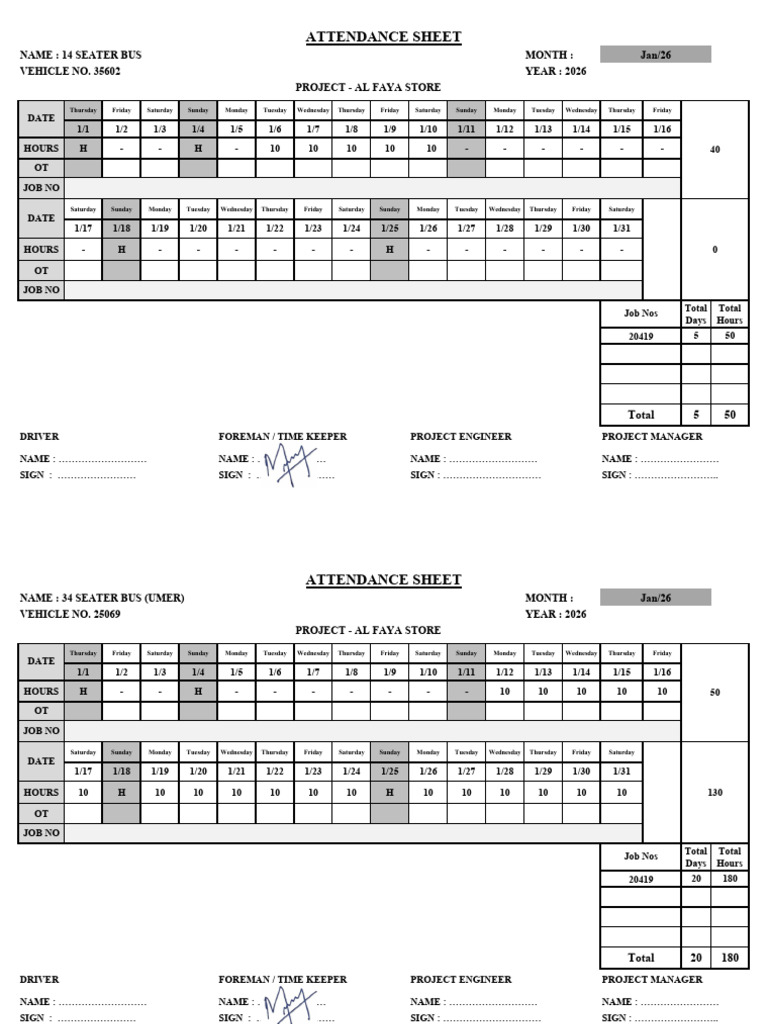 Rental Vehicles AL FAYA Time Sheet | PDF