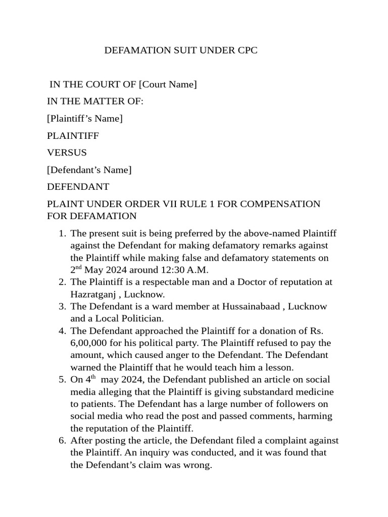 Defamation Suit Under CPC | PDF | Defamation | Lawsuit