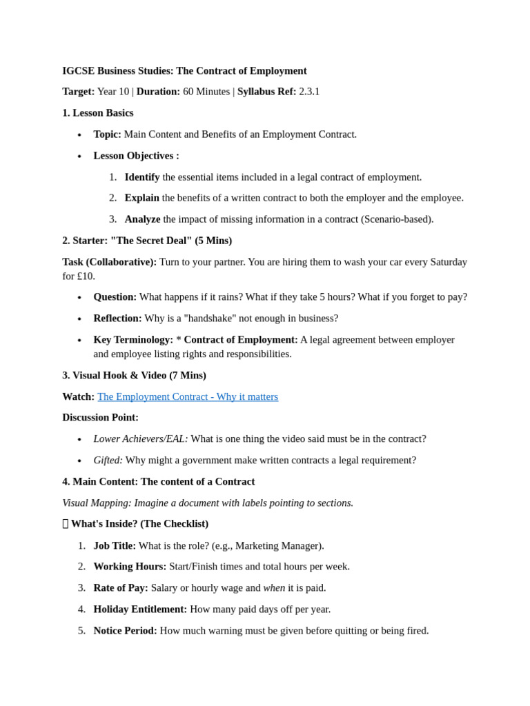 Lesson Plan BST Yr 10 Content of Employment Contract | PDF | Employment ...