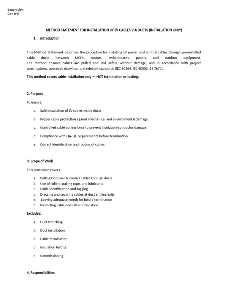 Method Statement For Installation of LV Cables Via Ducts | PDF | Duct ...