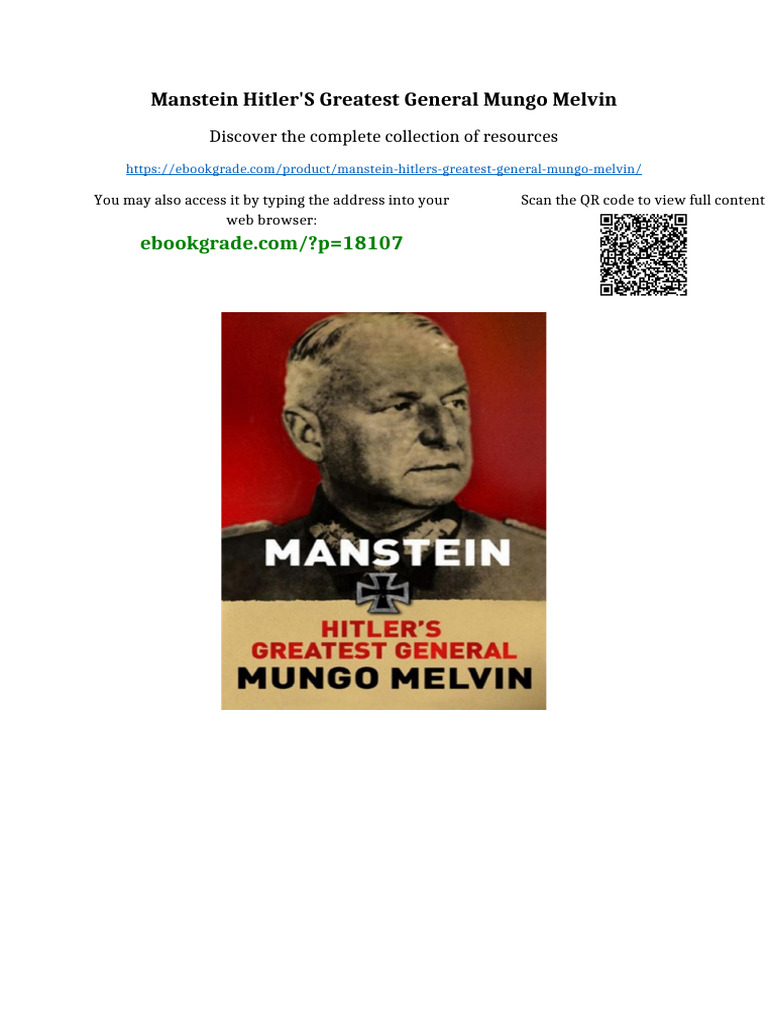Manstein Hitler's Greatest General Mungo Melvin Latest PDF 2025 | PDF ...