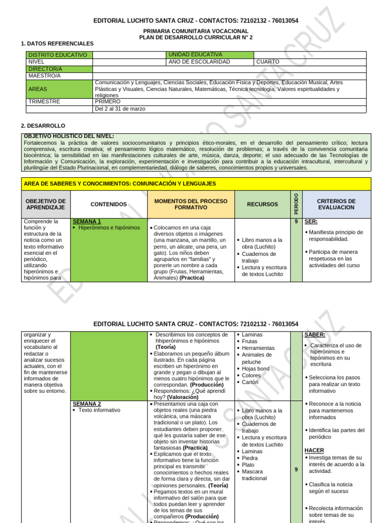 MARZO 4TO Plan de Desarrollo Curricular | PDF | Evaluación | Libros