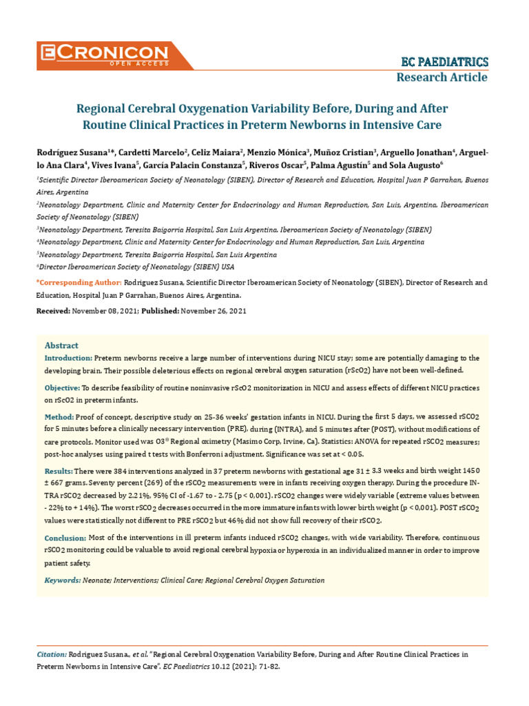 Regional Cerebral Oxygenation Variability Before, During and After ...