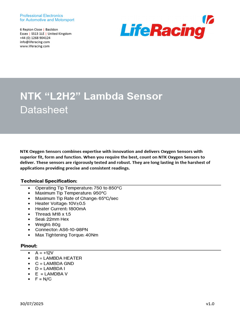 NTK L2H2 Lambda Sensor Datasheet V1.0 | PDF
