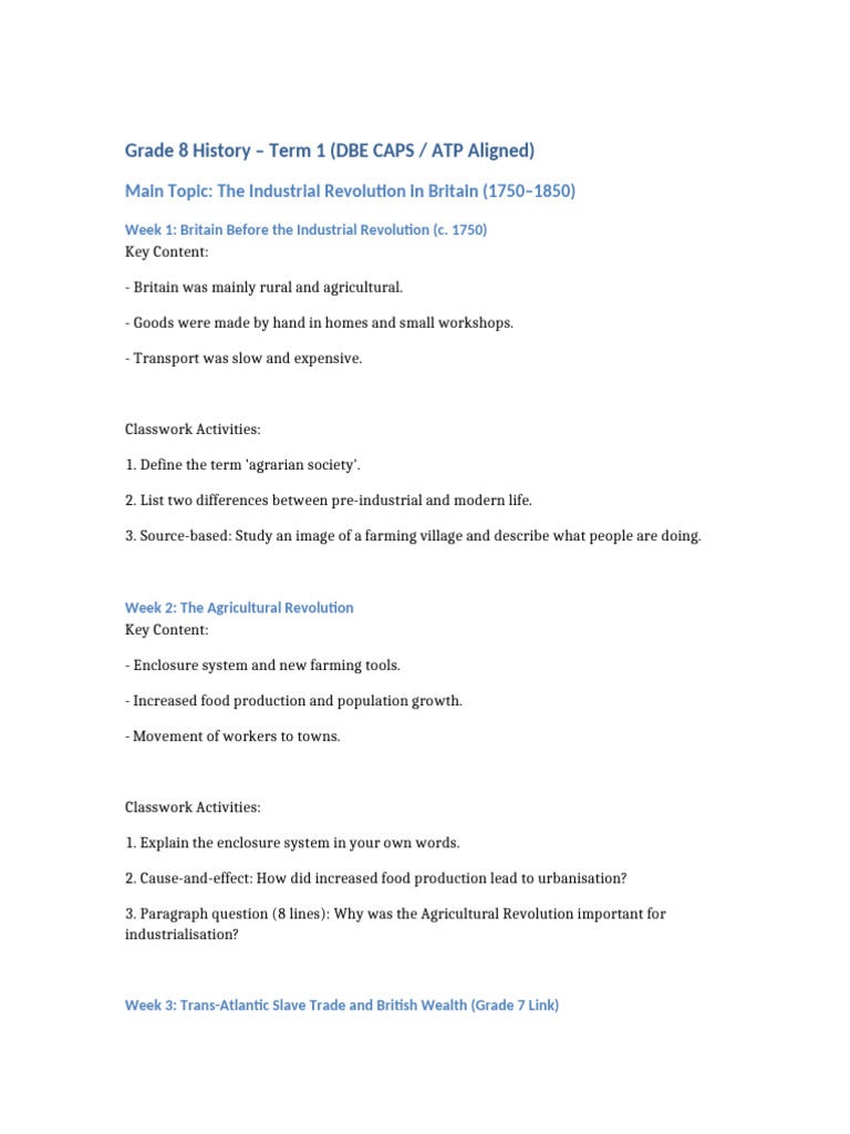 Grade 8 History Term 1 Industrial Revolution Britain With Classwork ...