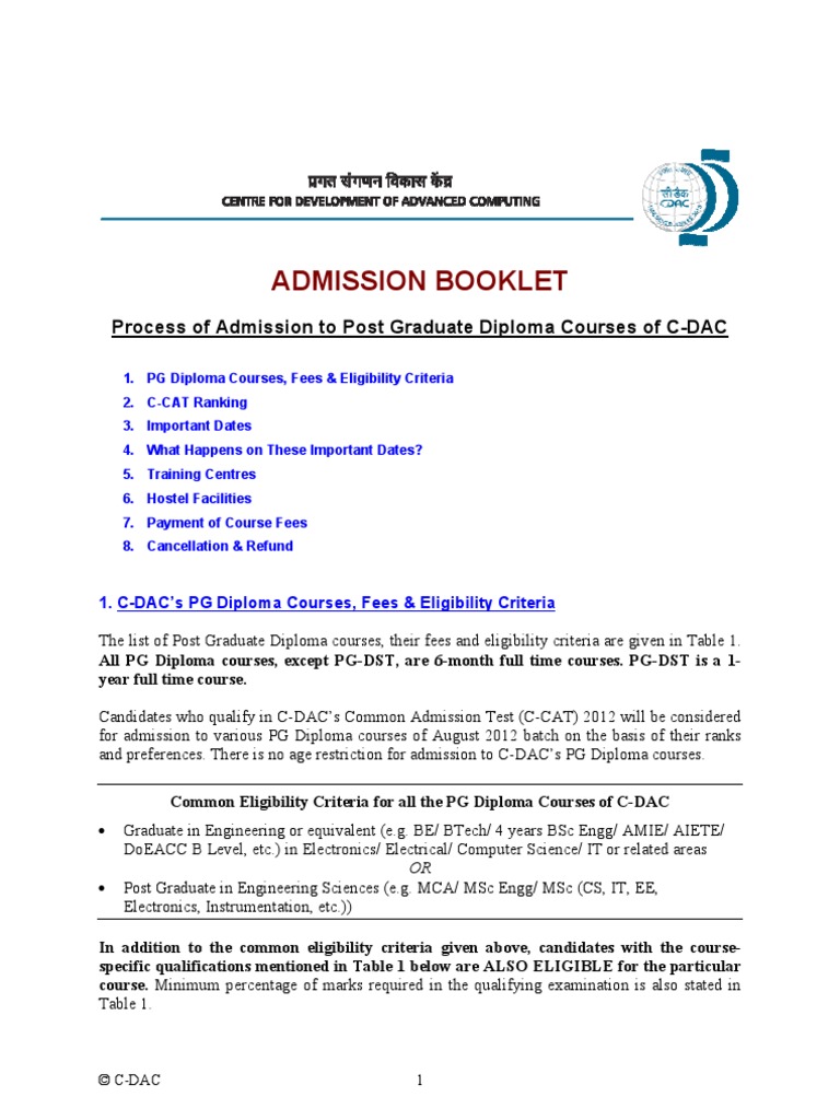 Admission Booklet PG Diploma Courses CDAC V3 2 University And College