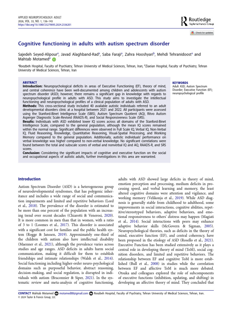 Cognitive Functioning in Adults With Autism Spectrum Disorder | PDF ...