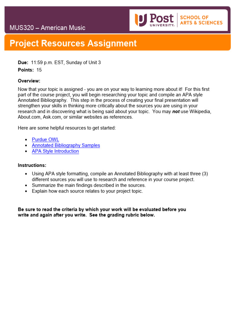 Project Resources Assignment and Rubric | PDF