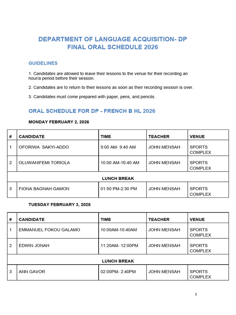 Department of Language Acquisition - DP Final Oral Schedule 2026 | PDF
