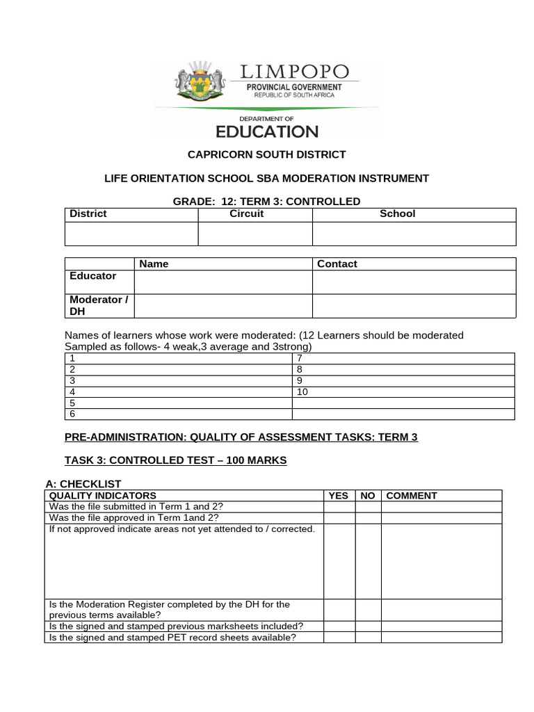 Grade 12 Controlled Test Moderation Tool 2025 | PDF