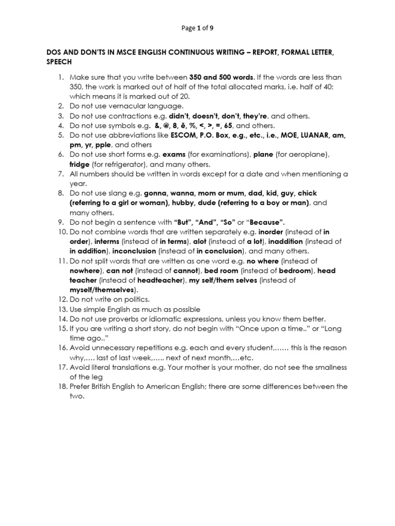 Dos and Don'ts in Msce Continuous Writing PDF | PDF | Syntax ...