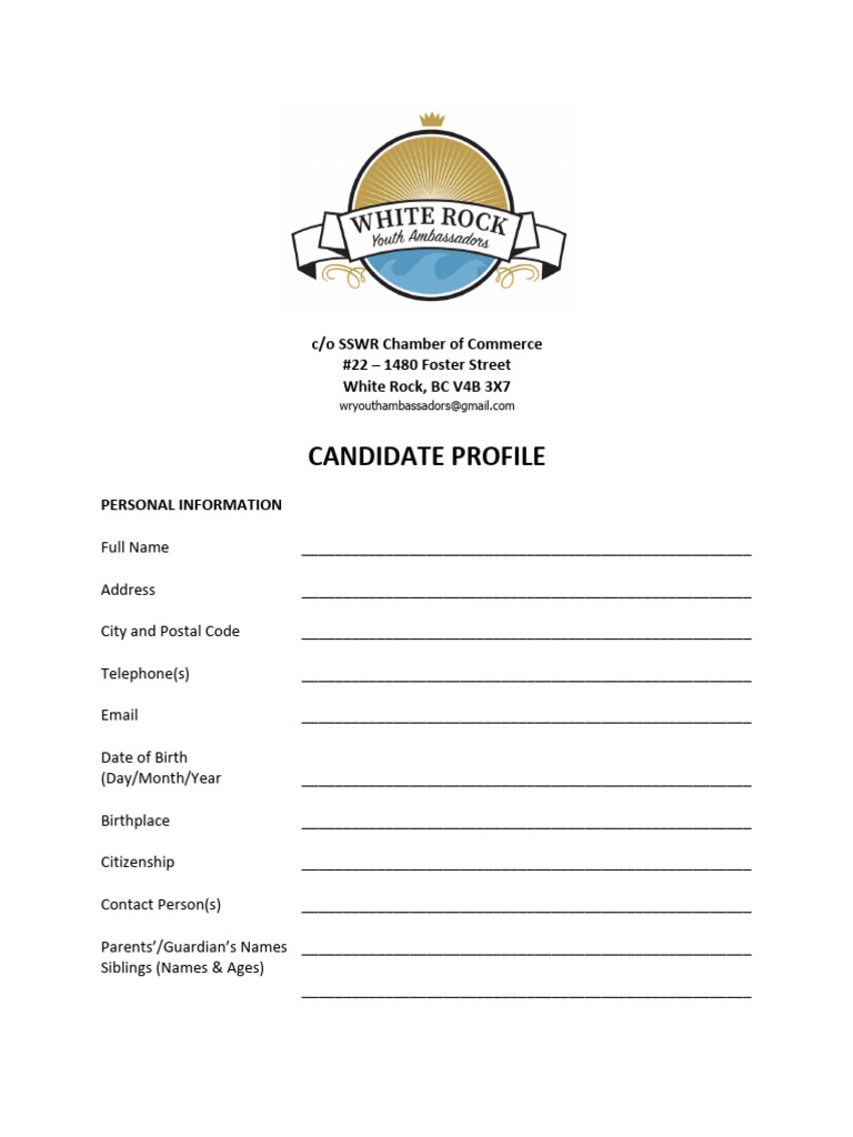Candidate Profile: C/o SSWR Chamber of Commerce #22 - 1480 Foster ...