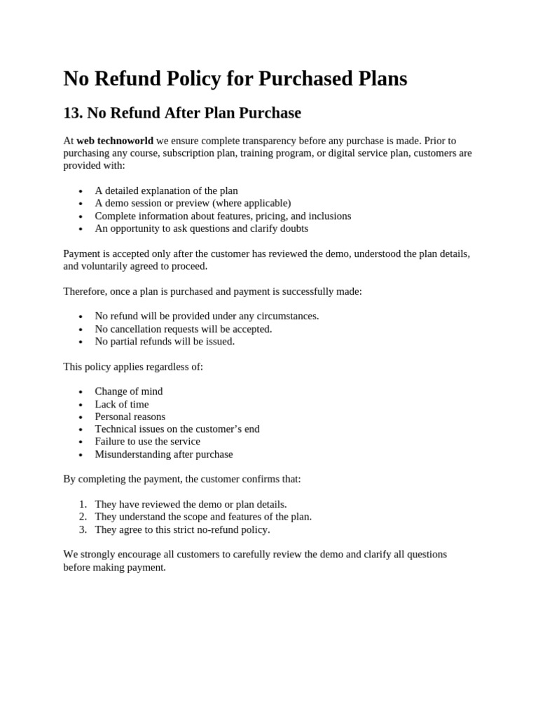 No Refund Policy For Purchased Plans | PDF | Websites | Web Design