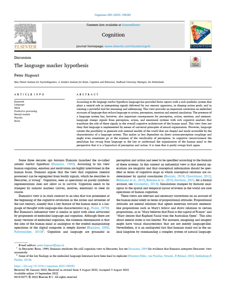 The Language Marker Hypothesis | PDF | Perception | Cognition