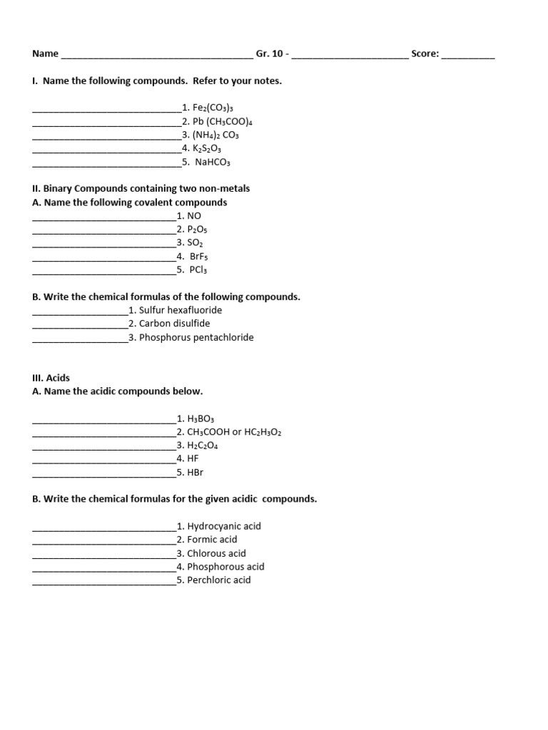Naming and Writing Formulas of Ionic and Covalent Compounds Activity | PDF