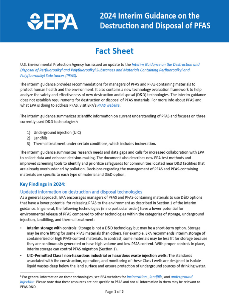 USA Factsheet EPA PFAS Destruction-And-disposal | PDF | Waste ...
