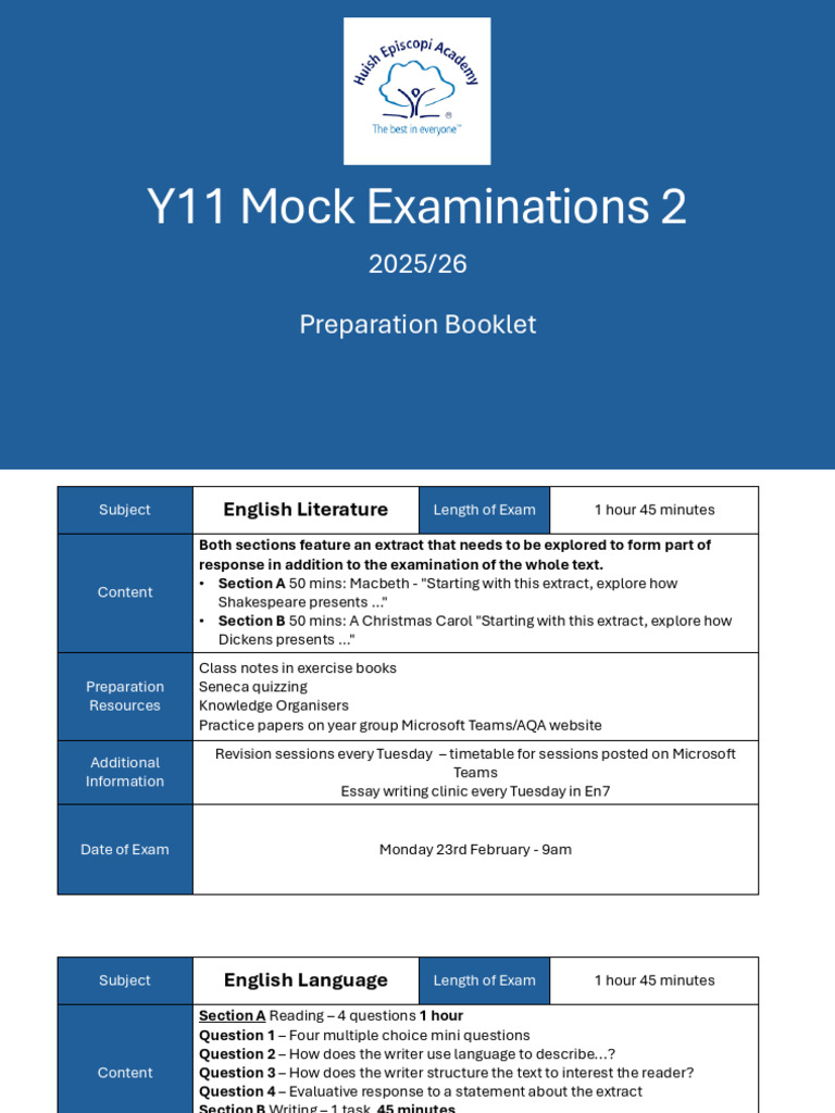 Y11 Mock Examinations 2 2025/26 Preparation Booklet | PDF | Multiple Choice