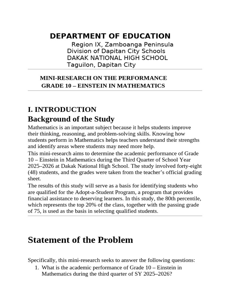 Statement of The Problem | PDF | Mathematics | Cognition