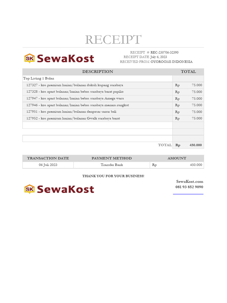 Receipt Oyorooms Indonesia | PDF