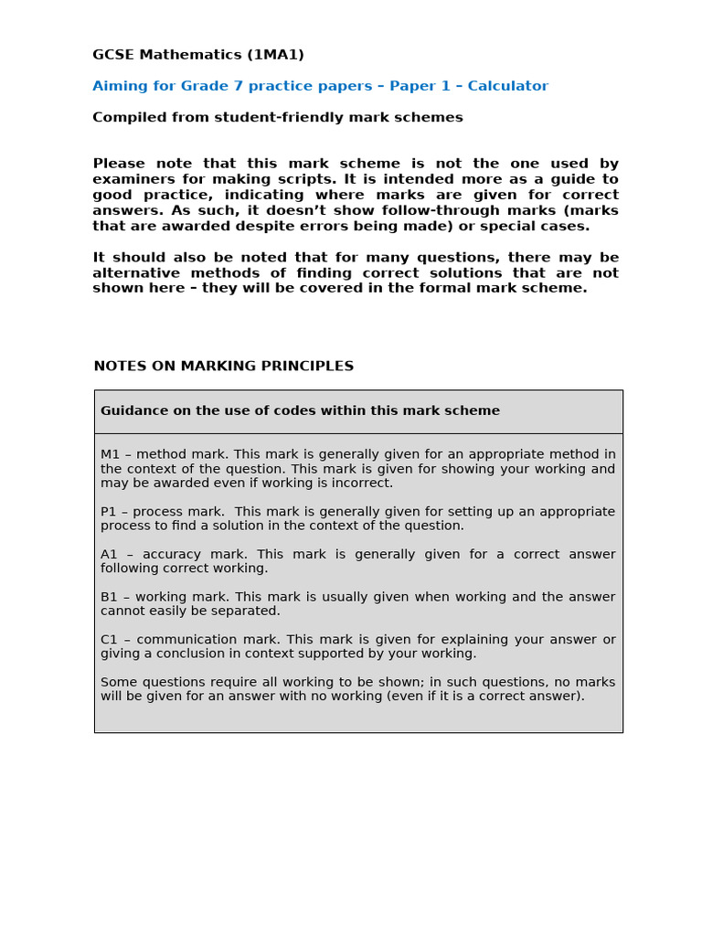 3b - Paper 1 Calculator Aiming For Grade 7 Mark Scheme | PDF ...