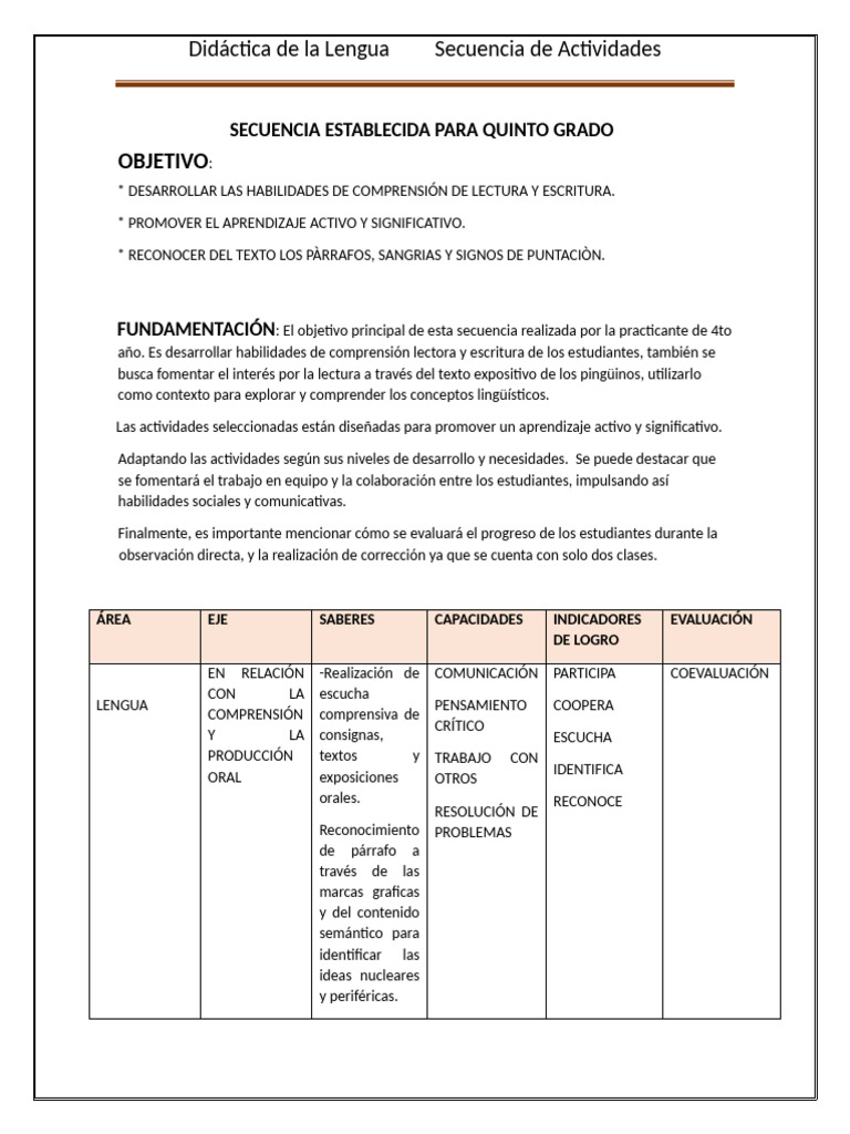 SECUENCIA DE LENGUA 5DO GRADO Sgto Cabral | PDF | Comprensión lectora ...