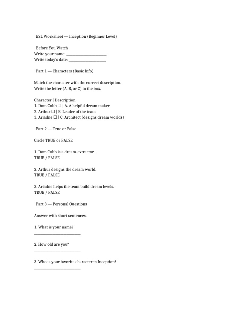 ESL Worksheet Inception Beginner | PDF