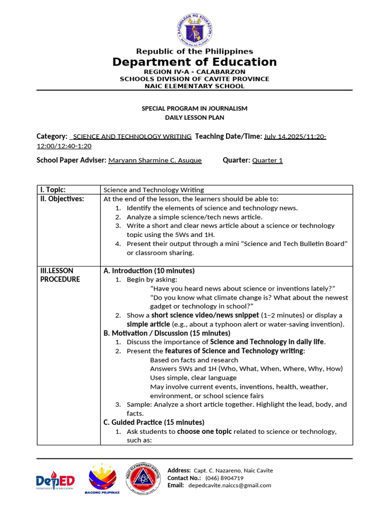 Scitech Lesson Plan | PDF | Lesson Plan | Human Communication