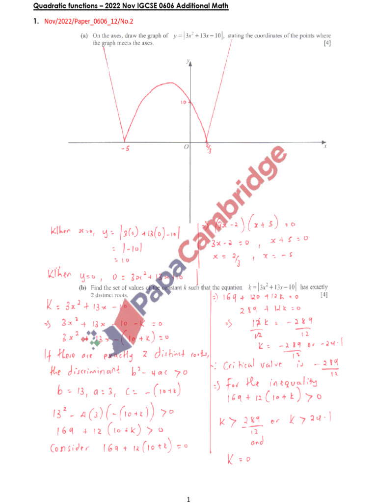 2022N Quadratic Functions IGCSE 0606 Add Math Solved | PDF
