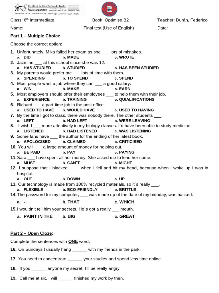 2024 6TH Int Final Exam Ready With Keys | PDF