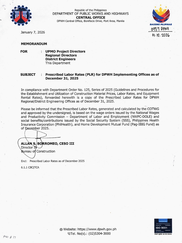 Prescribed Labor Rates DPWH IO 12312025 | PDF