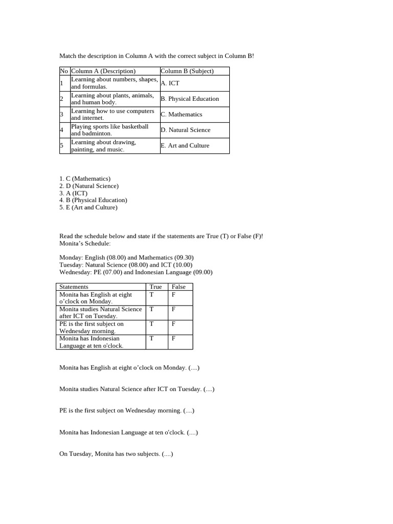 Match The Description in Column A With The Correct | PDF