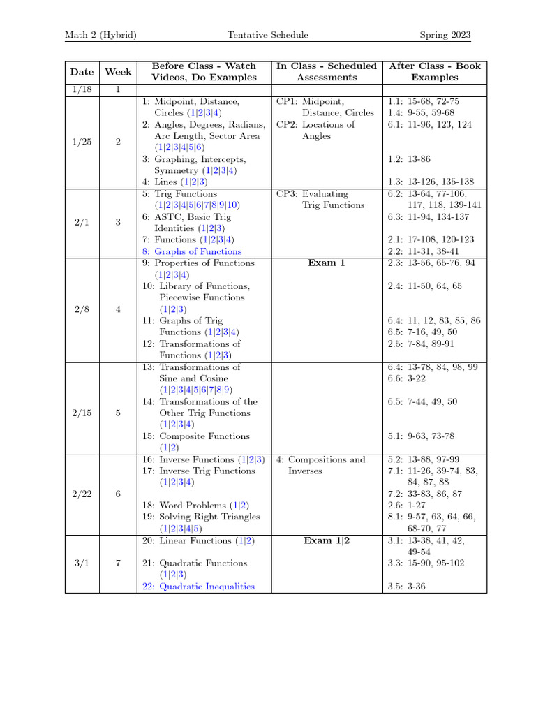 Tentative Schedule (Hybrid) | PDF | Exponential Function | Quadratic ...