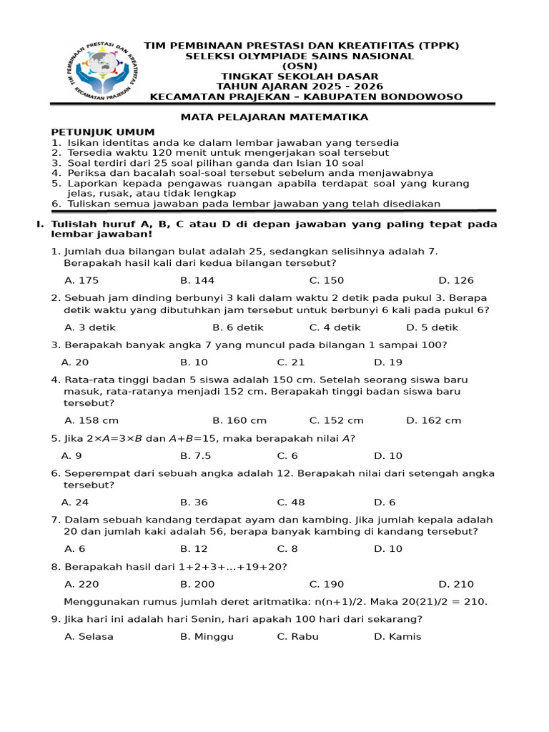 50 Soal OMI Matematika MTs 2026 dan Jawaban Olimpiade Madrasah Indonesia