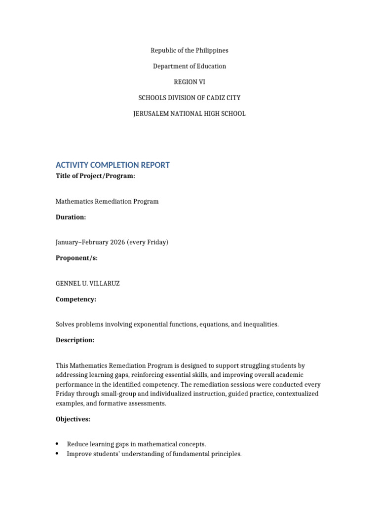 Mathematics Remediation Activity Completion Report DepEd Format | PDF ...