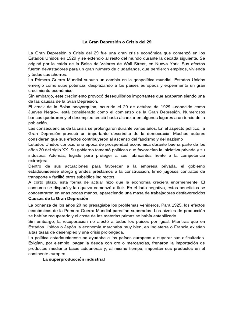 La Gran Depresión o Crisis del 29 .. (1) | PDF | Gran depresion ...