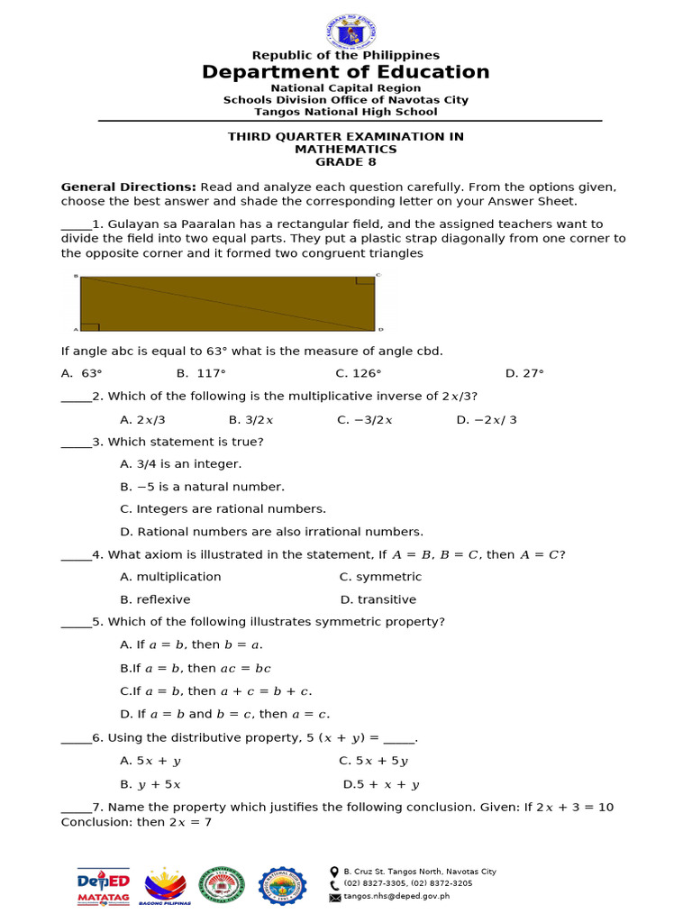 3rd Periodic Test Mathematics 8 | PDF | Triangle | Mathematical Proof