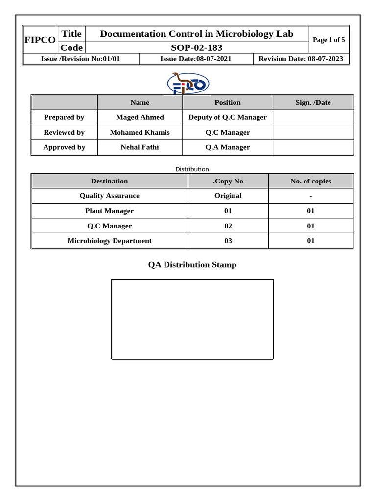 SOP-02-183 Documentation Control in Microbiology Lab | PDF | Quality ...